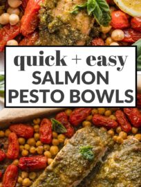 Pesto Salmon Bowls with Chickpeas are fresh, vibrant, and packed with flavor despite the simple ingredient list and minimal prep. Tender salmon is slathered in pesto and roasted alongside plump cherry tomatoes and creamy chickpeas for the most satisfying lunch or dinner. Easy to meal prep, as well.