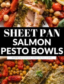 Pesto Salmon Bowls with Chickpeas are fresh, vibrant, and packed with flavor despite the simple ingredient list and minimal prep. Tender salmon is slathered in pesto and roasted alongside plump cherry tomatoes and creamy chickpeas for the most satisfying lunch or dinner. Easy to meal prep, as well.