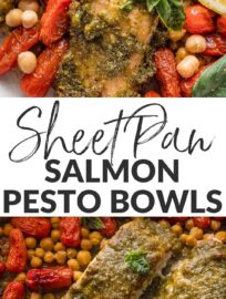 Pesto Salmon Bowls with Chickpeas are fresh, vibrant, and packed with flavor despite the simple ingredient list and minimal prep. Tender salmon is slathered in pesto and roasted alongside plump cherry tomatoes and creamy chickpeas for the most satisfying lunch or dinner. Easy to meal prep, as well.