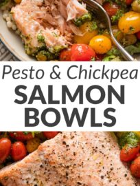 These pesto salmon bowls with pops of sweet cherry tomatoes and creamy chickpeas are so fresh, vibrant, and packed with flavor, it's hard to believe how quick and breezy they are to make. They're a personal favorite when the priority is a nourishing, satisfying lunch or dinner, and conveniently make a terrific meal prep, as well.