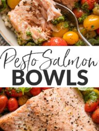 These pesto salmon bowls with pops of sweet cherry tomatoes and creamy chickpeas are so fresh, vibrant, and packed with flavor, it's hard to believe how quick and breezy they are to make. They're a personal favorite when the priority is a nourishing, satisfying lunch or dinner, and conveniently make a terrific meal prep, as well.
