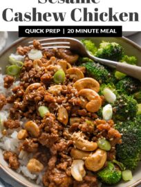 This easy Sesame Cashew Chicken recipe uses lean ground chicken to make a flavorful meal achievable in about 20 minutes and just one skillet. Paired with broccoli or edamame, rice, and plenty of extra sesame seeds, it’s one of my favorite easy lunches or dinners.