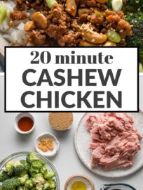 This easy Sesame Cashew Chicken recipe uses lean ground chicken to make a flavorful meal achievable in about 20 minutes and just one skillet. Paired with broccoli or edamame, rice, and plenty of extra sesame seeds, it’s one of my favorite easy lunches or dinners.