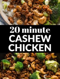 This easy Sesame Cashew Chicken recipe uses lean ground chicken to make a flavorful meal achievable in about 20 minutes and just one skillet. Paired with broccoli or edamame, rice, and plenty of extra sesame seeds, it’s one of my favorite easy lunches or dinners.