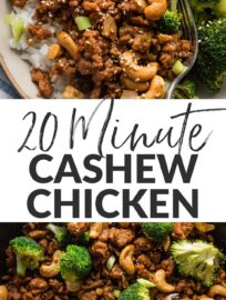 This easy Sesame Cashew Chicken recipe uses lean ground chicken to make a flavorful meal achievable in about 20 minutes and just one skillet. Paired with broccoli or edamame, rice, and plenty of extra sesame seeds, it’s one of my favorite easy lunches or dinners.