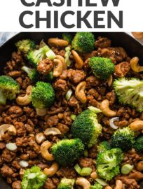 This easy Sesame Cashew Chicken recipe uses lean ground chicken to make a flavorful meal achievable in about 20 minutes and just one skillet. Paired with broccoli or edamame, rice, and plenty of extra sesame seeds, it’s one of my favorite easy lunches or dinners.