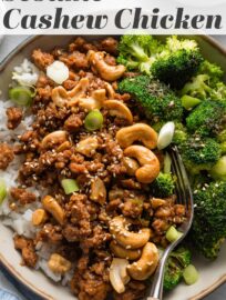 This easy Sesame Cashew Chicken recipe uses lean ground chicken to make a flavorful meal achievable in about 20 minutes and just one skillet. Paired with broccoli or edamame, rice, and plenty of extra sesame seeds, it’s one of my favorite easy lunches or dinners.