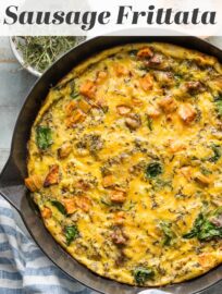 This simple Sweet Potato Frittata with sausage, cheese, and baby spinach is the most flavorful and satisfying breakfast or brunch. Serve it for friends, meal prep it for the week ahead, or pair it with a salad and enjoy for dinner - there’s literally no wrong way to frittata.