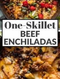 This simple Beef Enchilada Skillet packs in all the rich flavors and textures you love, with a fraction of the time and effort involved in traditional versions. It's got lean ground beef, black beans, corn, pepper, zucchini, enchilada sauce of course, and tortilla wedges baked right in.