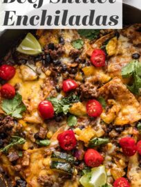 This simple Beef Enchilada Skillet packs in all the rich flavors and textures you love, with a fraction of the time and effort involved in traditional versions. It's got lean ground beef, black beans, corn, pepper, zucchini, enchilada sauce of course, and tortilla wedges baked right in.