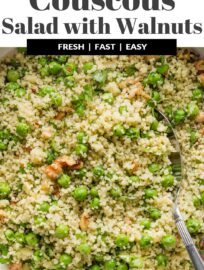 This Couscous Salad shines with tender peas, crunchy walnuts, and a fresh homemade basil vinaigrette. The dressing soaks right into the couscous for maximum flavor in every bite. Serve as a side dish, bring to the potluck or neighborhood party, or save it to eat yourself for lunch.