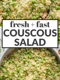 This Couscous Salad shines with tender peas, crunchy walnuts, and a fresh homemade basil vinaigrette. The dressing soaks right into the couscous for maximum flavor in every bite. Serve as a side dish, bring to the potluck or neighborhood party, or save it to eat yourself for lunch.