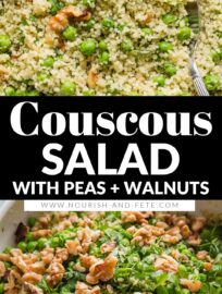 This Couscous Salad shines with tender peas, crunchy walnuts, and a fresh homemade basil vinaigrette. The dressing soaks right into the couscous for maximum flavor in every bite. Serve as a side dish, bring to the potluck or neighborhood party, or save it to eat yourself for lunch.