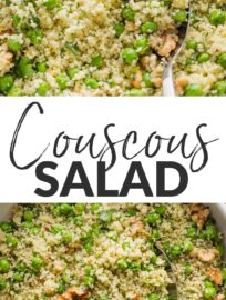 This Couscous Salad shines with tender peas, crunchy walnuts, and a fresh homemade basil vinaigrette. The dressing soaks right into the couscous for maximum flavor in every bite. Serve as a side dish, bring to the potluck or neighborhood party, or save it to eat yourself for lunch.