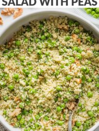 This Couscous Salad shines with tender peas, crunchy walnuts, and a fresh homemade basil vinaigrette. The dressing soaks right into the couscous for maximum flavor in every bite. Serve as a side dish, bring to the potluck or neighborhood party, or save it to eat yourself for lunch.