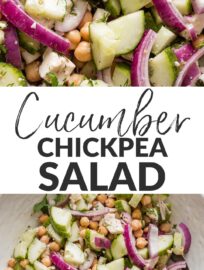 This Cucumber Chickpea Salad is fresh and easy to toss together. With a quick Greek-inspired dressing, it makes a great complement to any Mediterranean main dish, like meatballs, grilled chicken, or fish.