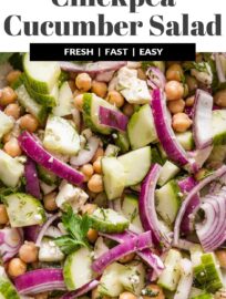 This Cucumber Chickpea Salad is fresh and easy to toss together. With a quick Greek-inspired dressing, it makes a great complement to any Mediterranean main dish, like meatballs, grilled chicken, or fish.