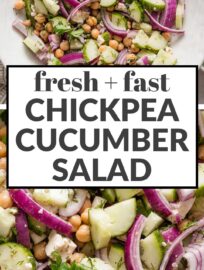 This Cucumber Chickpea Salad is fresh and easy to toss together. With a quick Greek-inspired dressing, it makes a great complement to any Mediterranean main dish, like meatballs, grilled chicken, or fish.