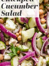 This Cucumber Chickpea Salad is fresh and easy to toss together. With a quick Greek-inspired dressing, it makes a great complement to any Mediterranean main dish, like meatballs, grilled chicken, or fish.
