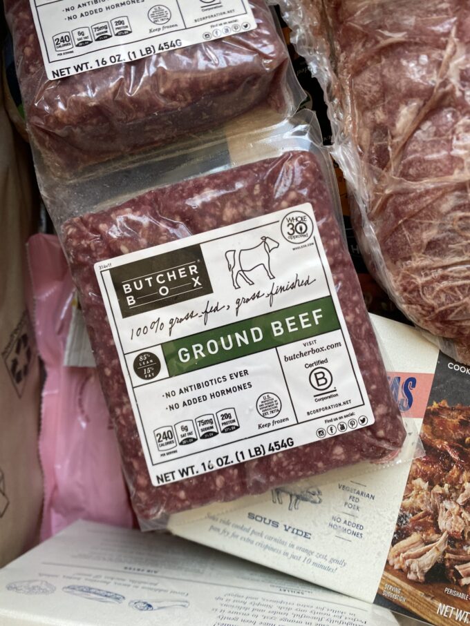 Close up of a package of ButcherBox ground beef.