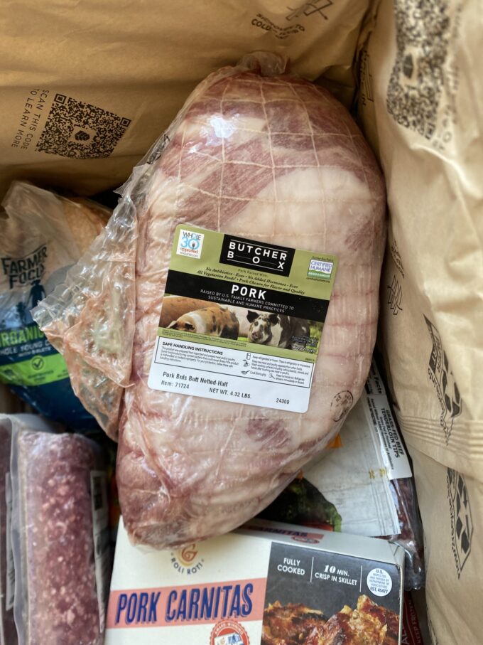 ButcherBox pork shoulder shown in packaging.