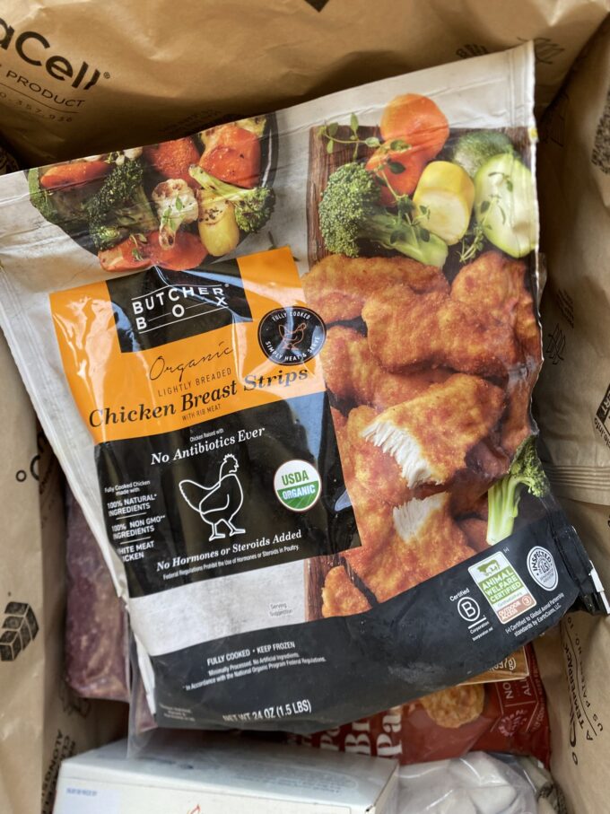 Bag of ButcherBox breaded chicken tenders.