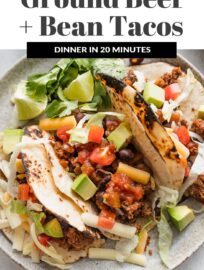 Ground beef and bean tacos are simple, flavorful, and satisfying. They take just about 20 minutes and are seasoned with everyday pantry spices. Serve for a quick weeknight dinner with lettuce, tomato, salsa, and your other favorite taco toppings.