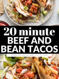 Ground beef and bean tacos are simple, flavorful, and satisfying. They take just about 20 minutes and are seasoned with everyday pantry spices. Serve for a quick weeknight dinner with lettuce, tomato, salsa, and your other favorite taco toppings.