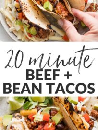 Ground beef and bean tacos are simple, flavorful, and satisfying. They take just about 20 minutes and are seasoned with everyday pantry spices. Serve for a quick weeknight dinner with lettuce, tomato, salsa, and your other favorite taco toppings.