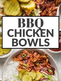 Easy and flavorful, these pulled BBQ chicken bowls make a flexible, build-your-own dinner that can please everyone. Tender, slow-cooked BBQ chicken, healthy homemade slaw, green onions, and crisp pickles are an irresistible combination!