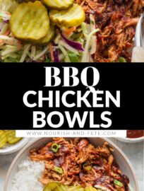 Easy and flavorful, these pulled BBQ chicken bowls make a flexible, build-your-own dinner that can please everyone. Tender, slow-cooked BBQ chicken, healthy homemade slaw, green onions, and crisp pickles are an irresistible combination!
