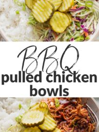 Easy and flavorful, these pulled BBQ chicken bowls make a flexible, build-your-own dinner that can please everyone. Tender, slow-cooked BBQ chicken, healthy homemade slaw, green onions, and crisp pickles are an irresistible combination!