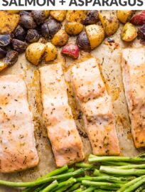 Simple to make, well-balanced, and full of flavor, this recipe for sheet pan salmon with potatoes proves that prepping real food can be quick and hassle-free. Crispy potatoes, tender asparagus, and glazed salmon filets all roast on one pan for a high-satisfaction, low-effort dinner.