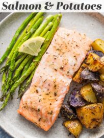 Simple to make, well-balanced, and full of flavor, this recipe for sheet pan salmon with potatoes proves that prepping real food can be quick and hassle-free. Crispy potatoes, tender asparagus, and glazed salmon filets all roast on one pan for a high-satisfaction, low-effort dinner.