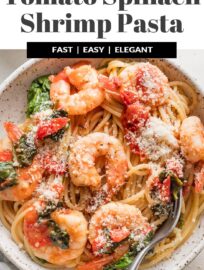This colorful Tomato Spinach Shrimp Pasta is full of fresh ingredients tossed in a deliciously light garlic sauce. It can be on the table in about 25 minutes, making it a favorite for busy weeknights, but the flavors are very worthy of guests or special occasions.