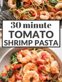 This colorful Tomato Spinach Shrimp Pasta is full of fresh ingredients tossed in a deliciously light garlic sauce. It can be on the table in about 25 minutes, making it a favorite for busy weeknights, but the flavors are very worthy of guests or special occasions.