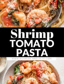 This colorful Tomato Spinach Shrimp Pasta is full of fresh ingredients tossed in a deliciously light garlic sauce. It can be on the table in about 25 minutes, making it a favorite for busy weeknights, but the flavors are very worthy of guests or special occasions.