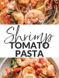 This colorful Tomato Spinach Shrimp Pasta is full of fresh ingredients tossed in a deliciously light garlic sauce. It can be on the table in about 25 minutes, making it a favorite for busy weeknights, but the flavors are very worthy of guests or special occasions.