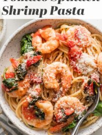 This colorful Tomato Spinach Shrimp Pasta is full of fresh ingredients tossed in a deliciously light garlic sauce. It can be on the table in about 25 minutes, making it a favorite for busy weeknights, but the flavors are very worthy of guests or special occasions.