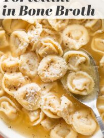 Simmering tortellini in bone broth is the low-key delicious hack you didn't know you needed. This is one of my go-to bowls when someone is recovering from a bug, or just needs something extra cozy and simple.