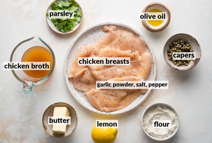 Labeled overhead photo of chicken breasts thinly sliced and seasoned with salt, pepper, and garlic powder; chicken broth; olive oil; butter, parsley; lemon; flour, and capers.