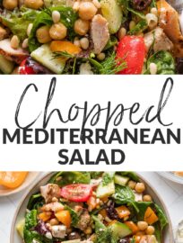 Fresh, flavorful, and so satisfying! This chopped Mediterranean salad with grilled chicken is packed with crisp veggies, briny olives, creamy feta, and juicy grilled chicken—all tossed in a zesty homemade dressing. It’s the perfect wholesome lunch, light dinner, or meal prep staple.