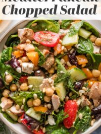 Fresh, flavorful, and so satisfying! This chopped Mediterranean salad with grilled chicken is packed with crisp veggies, briny olives, creamy feta, and juicy grilled chicken—all tossed in a zesty homemade dressing. It’s the perfect wholesome lunch, light dinner, or meal prep staple.
