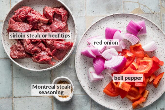 Labeled overhead photo of sirloin steak tips, chopped red onion, chopped red bell pepper, and a small dish full of Montreal steak seasoning.