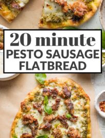 This pesto sausage flatbread is flavorful, satisfying, and ultra-easy to make. It has rich crumbles of Italian sausage, creamy mozzarella, tangy Parmesan and sun-dried tomatoes, all scattered on a simple crust for a dinner you can make in about 20 minutes.