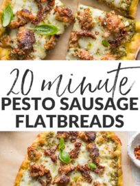 This pesto sausage flatbread is flavorful, satisfying, and ultra-easy to make. It has rich crumbles of Italian sausage, creamy mozzarella, tangy Parmesan and sun-dried tomatoes, all scattered on a simple crust for a dinner you can make in about 20 minutes.