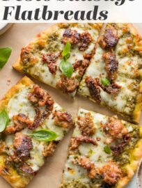 This pesto sausage flatbread is flavorful, satisfying, and ultra-easy to make. It has rich crumbles of Italian sausage, creamy mozzarella, tangy Parmesan and sun-dried tomatoes, all scattered on a simple crust for a dinner you can make in about 20 minutes.