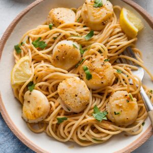 Bowl of spaghetti with pan-seared scallops, a butter shallot sauce, lemon wedges and parsley.