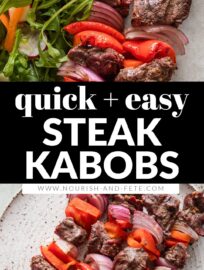 Fire up the grill for these super easy steak kabobs with peppers and onions! Juicy, tender steak cubes are quickly seasoned and skewered with colorful veggies for a simple, crowd-pleasing, warm-weather dinner. No marinating required. Whether you're hosting a backyard BBQ or just craving something quick and flavorful, these kabobs are a must-try!