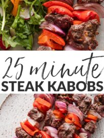 Fire up the grill for these super easy steak kabobs with peppers and onions! Juicy, tender steak cubes are quickly seasoned and skewered with colorful veggies for a simple, crowd-pleasing, warm-weather dinner. No marinating required. Whether you're hosting a backyard BBQ or just craving something quick and flavorful, these kabobs are a must-try!